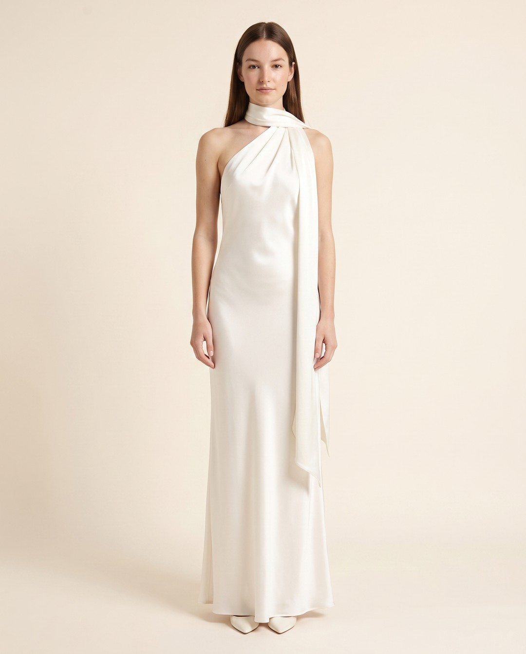 Kovelle ivory scarf halter maxi, front studio view on model