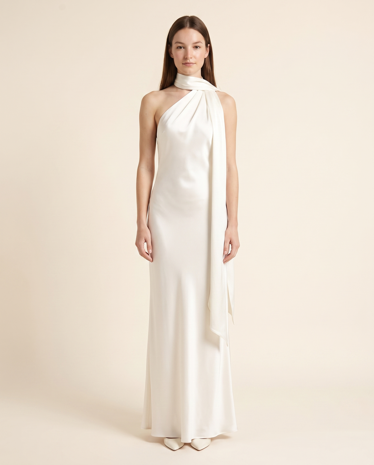 Kovelle ivory scarf halter maxi, front studio view on model
