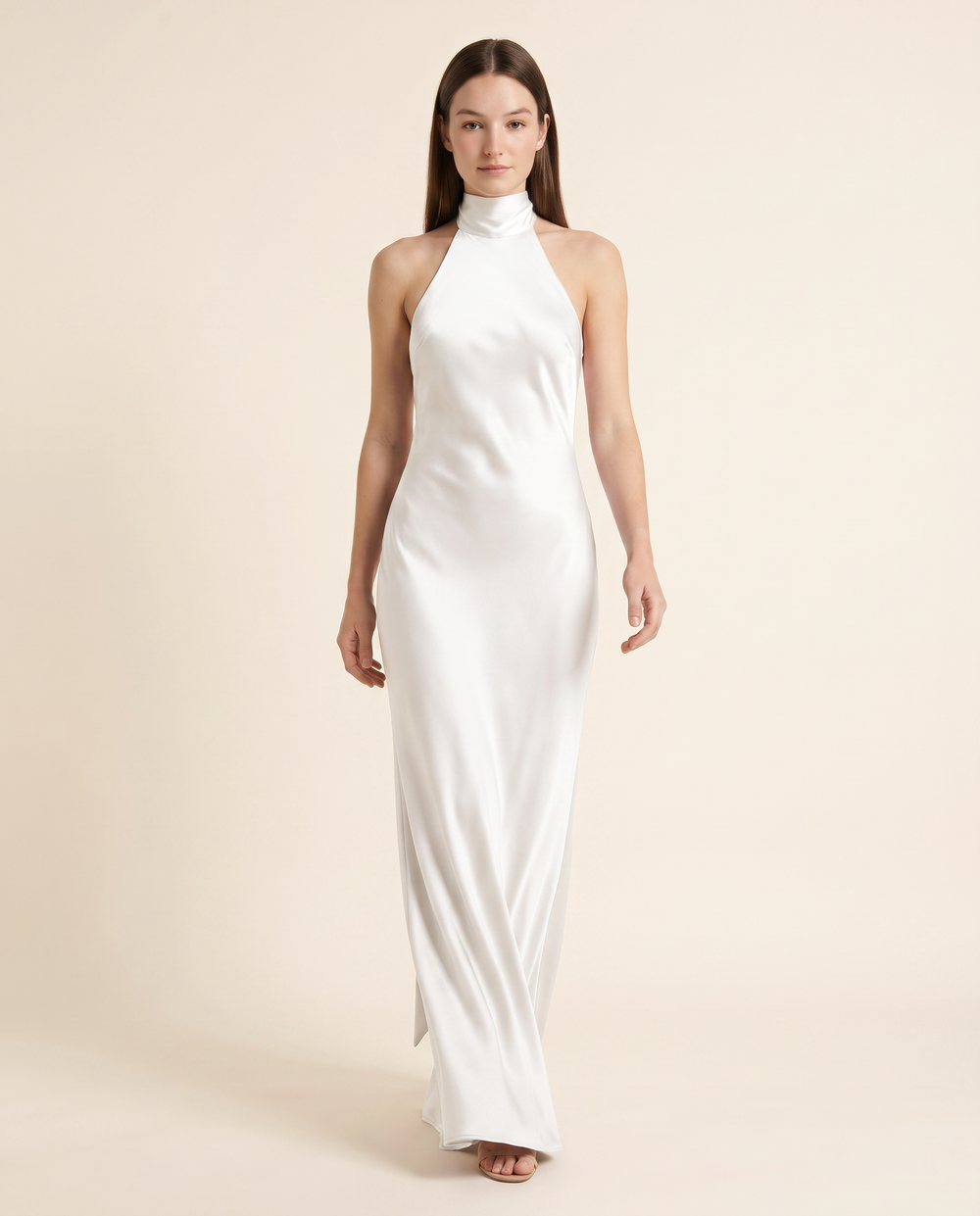 Kovelle white satin halter gown, front studio view on model