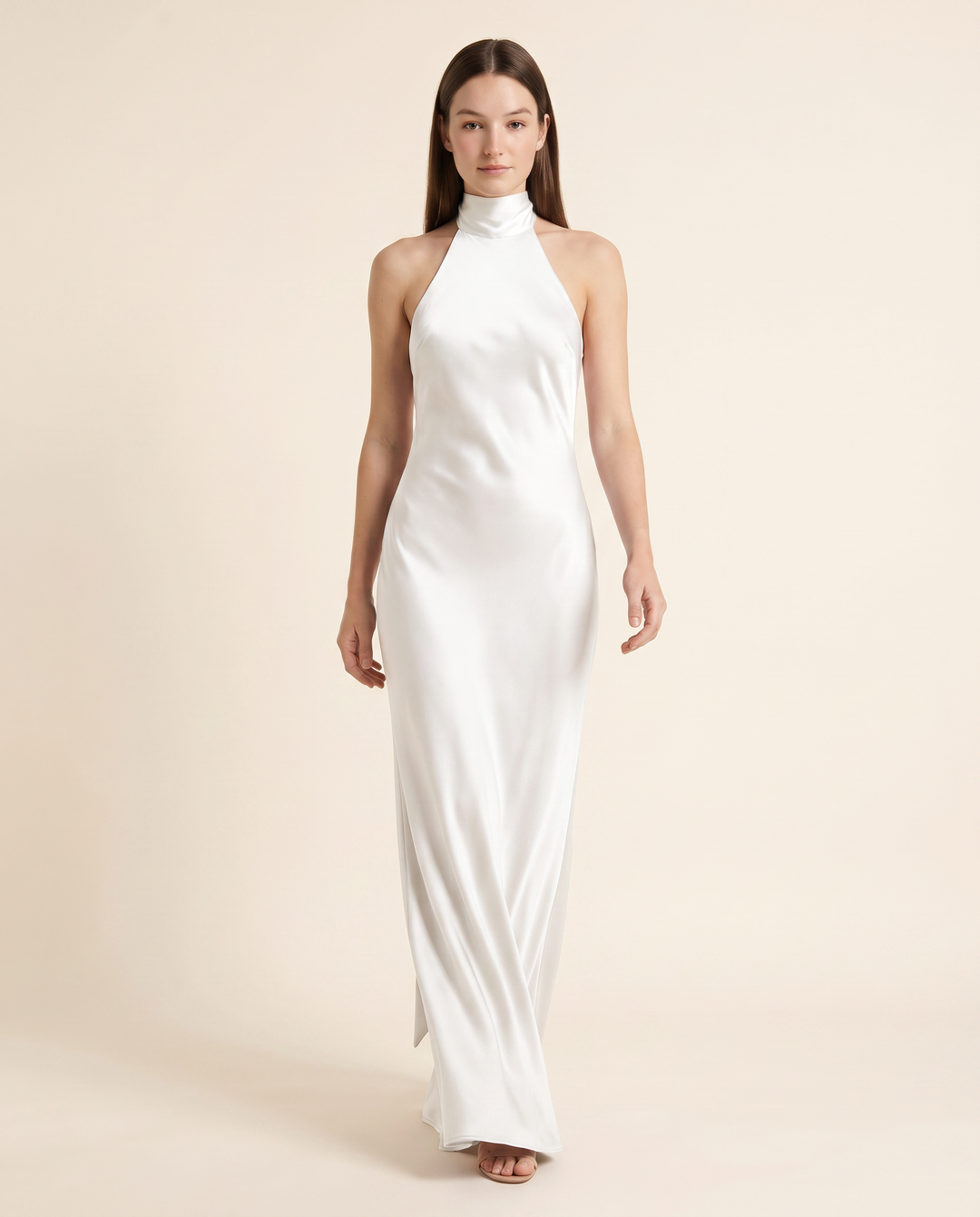 Kovelle white satin halter gown, front studio view on model