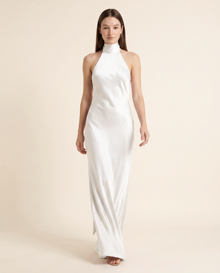Kovelle white satin halter gown, front studio view on model