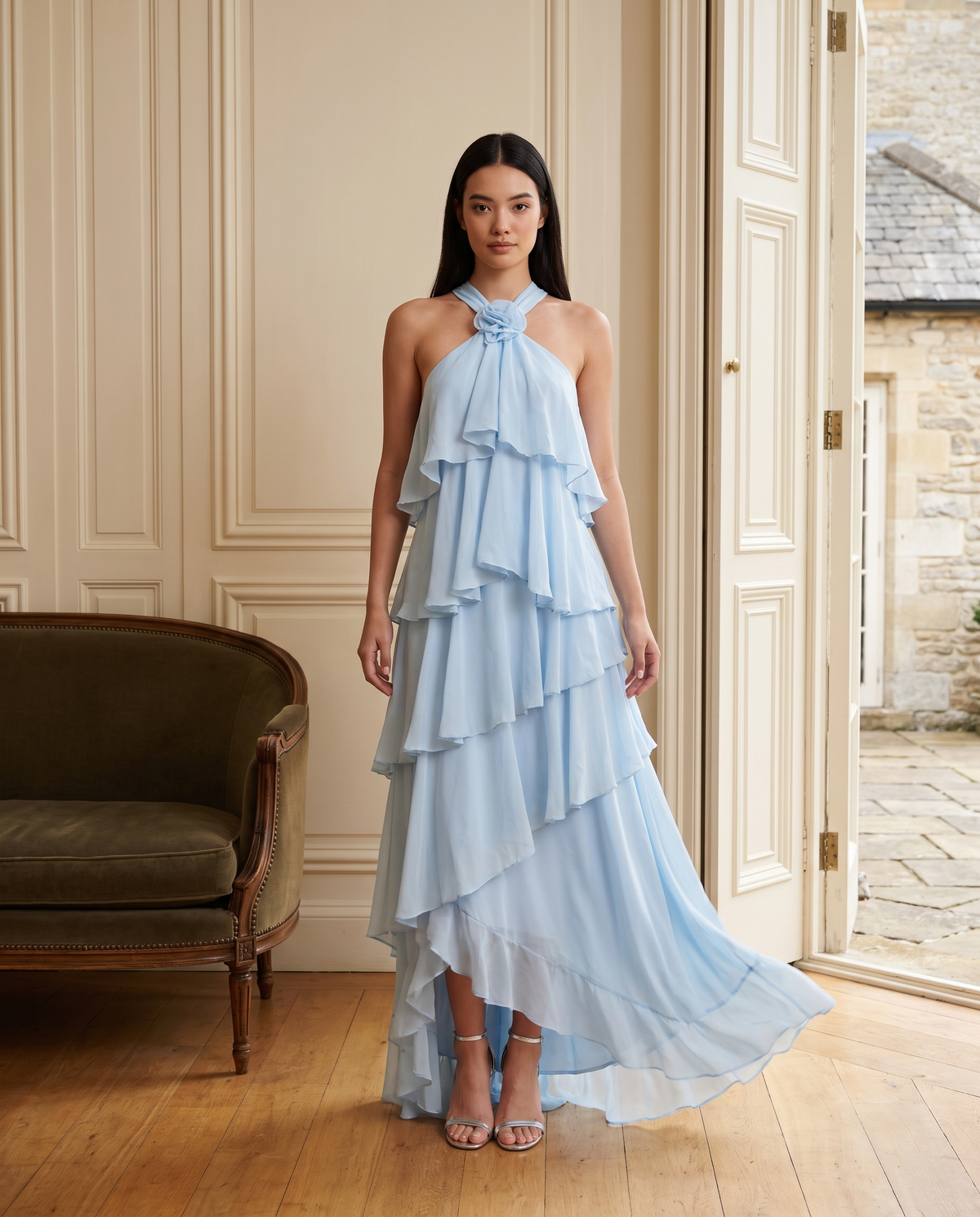 Blue Ruffle Halter Chiffon Maxi Dress