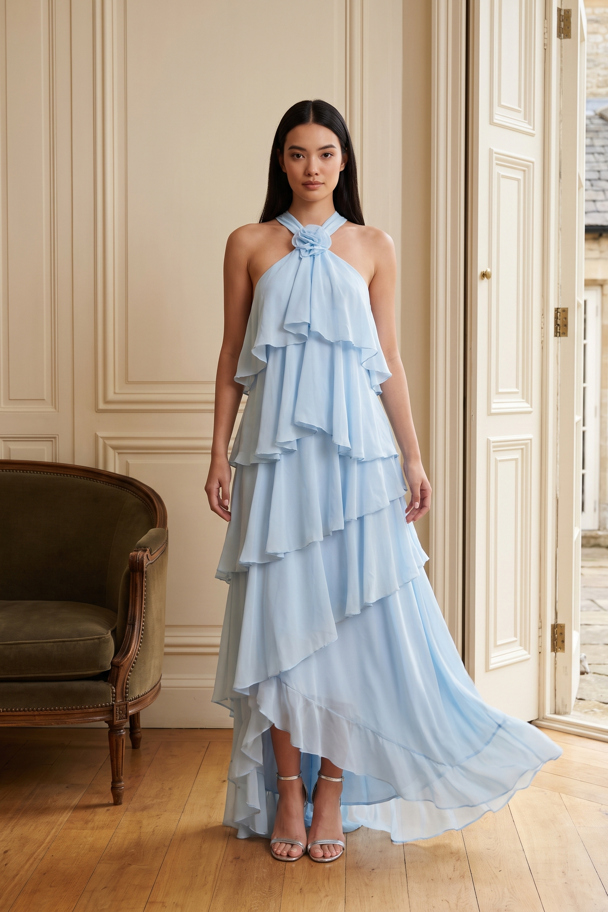 Blue Ruffle Halter Chiffon Maxi Dress