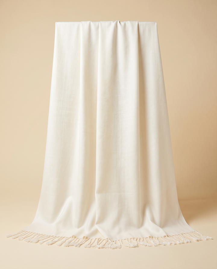 Ivory pashmina shawl with tasselled ends, front