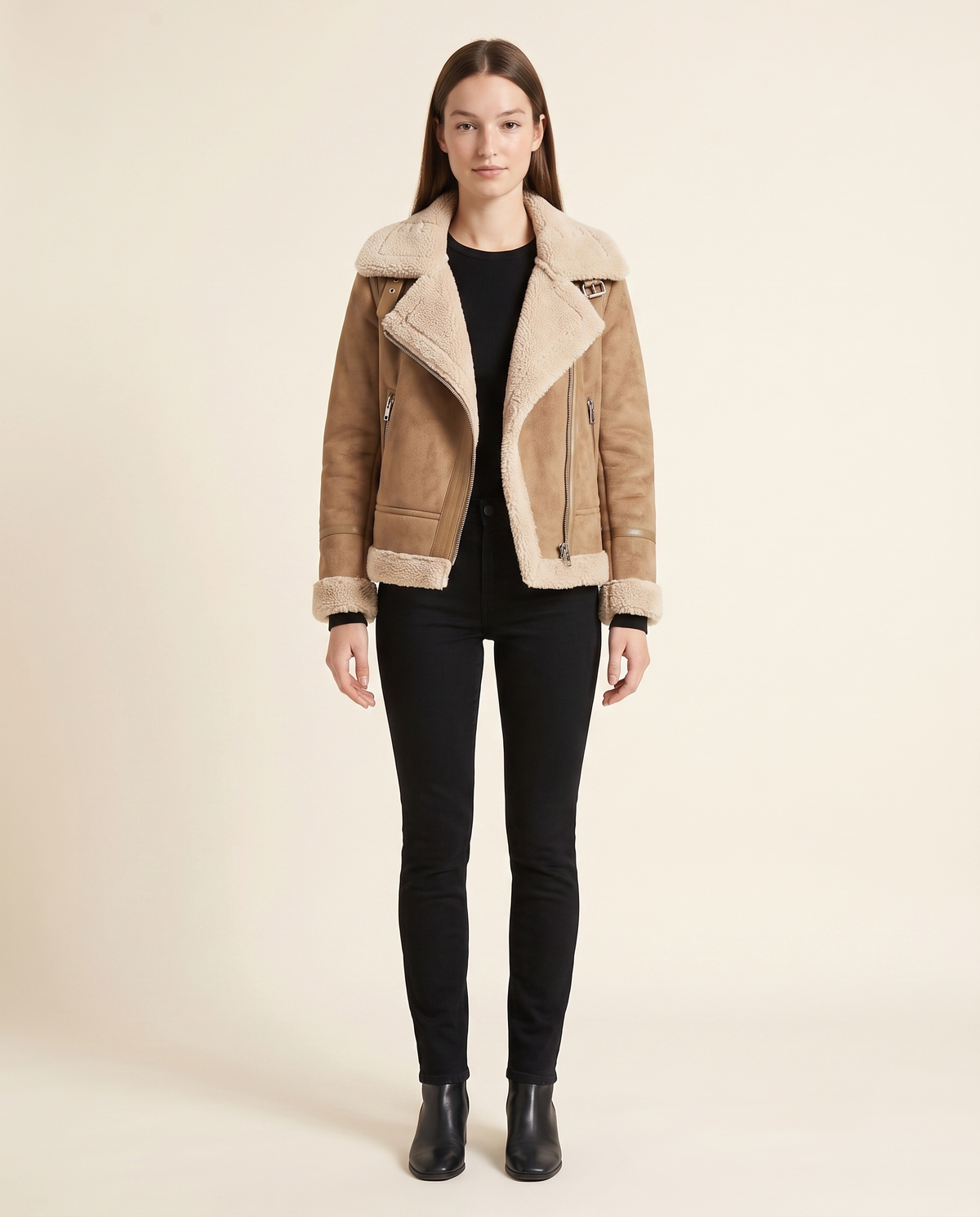 Tan Faux Suede Borg Aviator Jacket