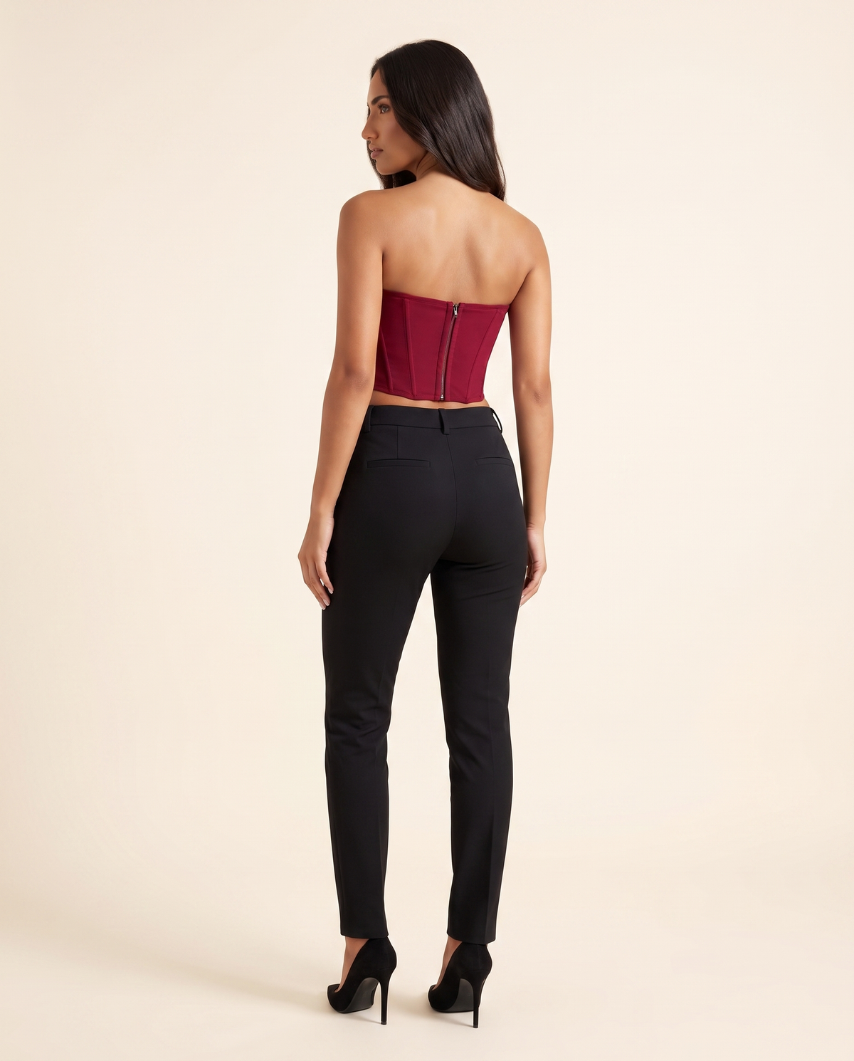 Kovelle wine corset bandeau top back view showing zip, on model