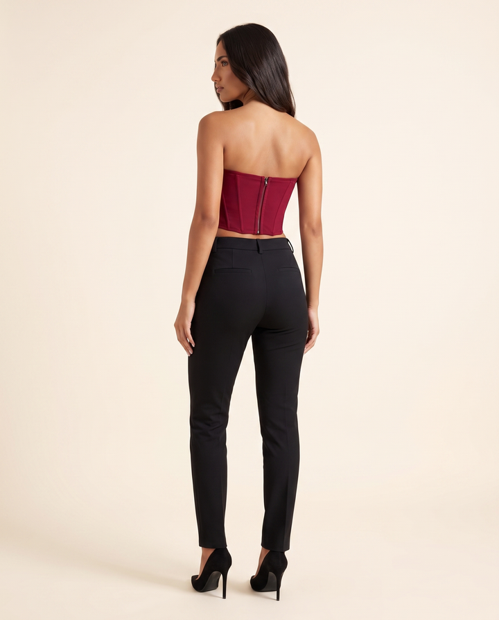 Kovelle wine corset bandeau top back view showing zip, on model