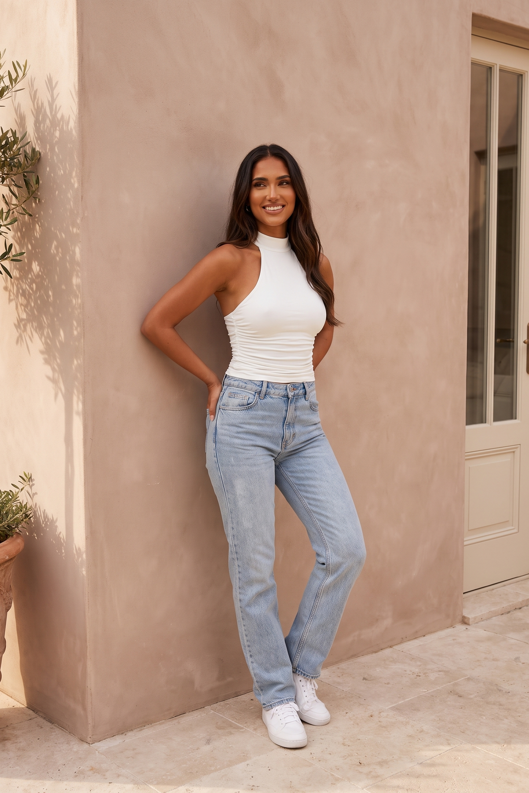 White ruched halter tank top