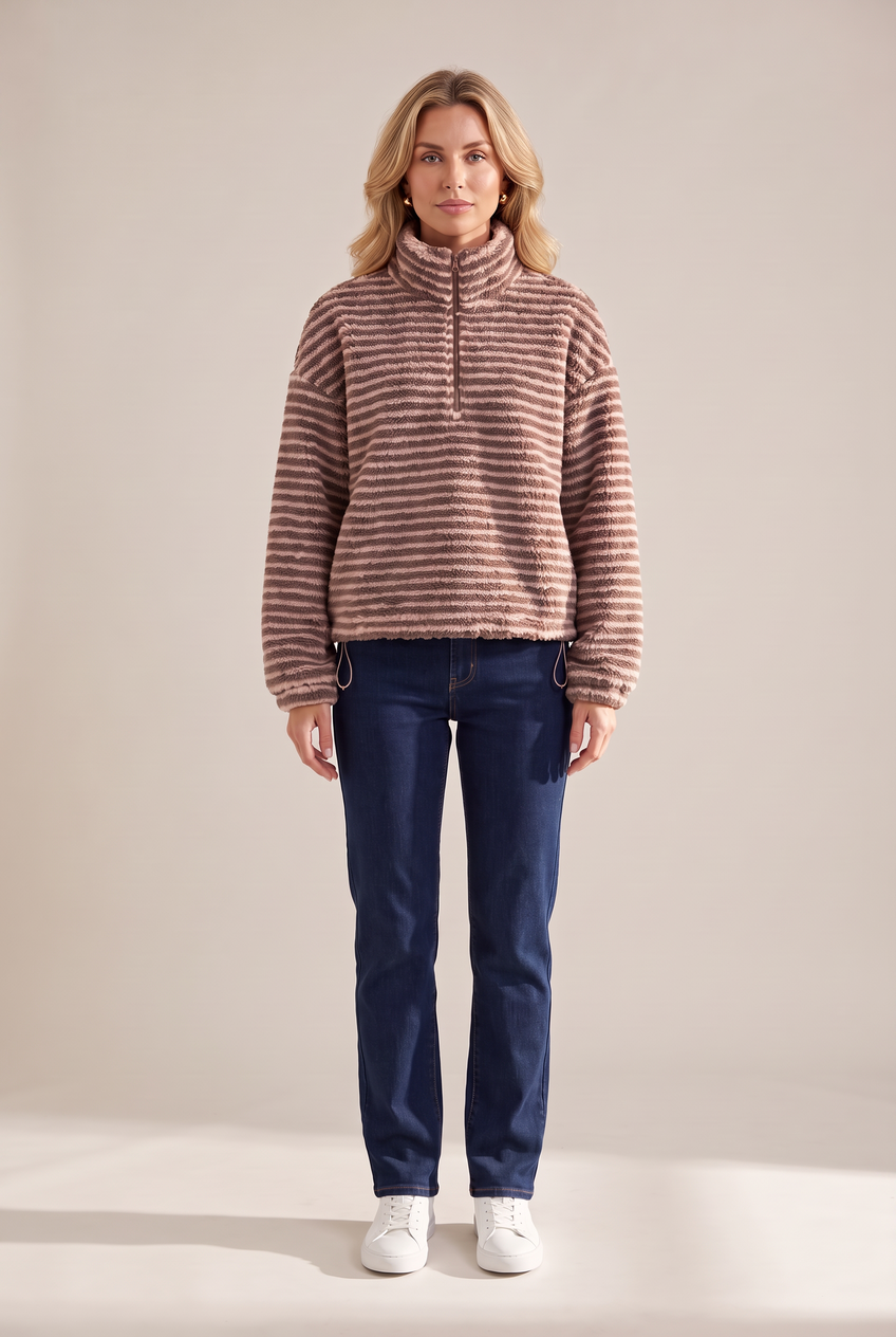 Kovelle striped sherpa half zip in taupe stripe, front view on model