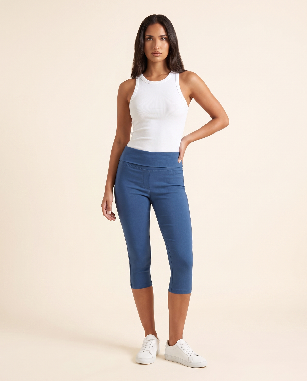 Kovelle blue foldover capri three quarter view, on model