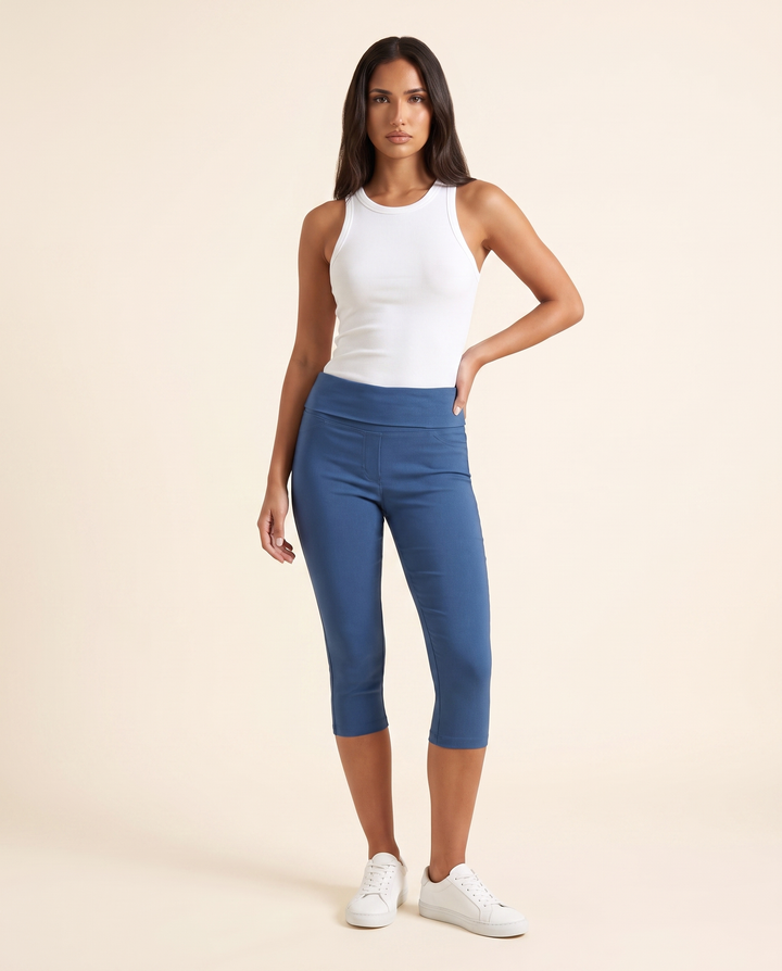 Kovelle blue foldover capri three quarter view, on model