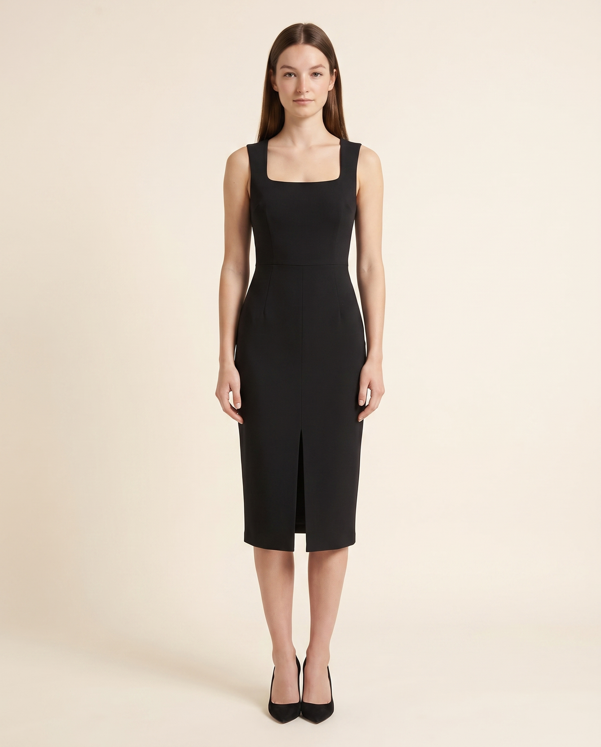 Kovelle black square neck midi dress, front studio view on model
