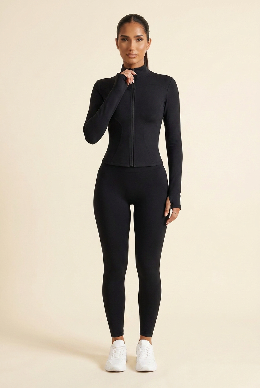 Kovelle zip through gym jacket in black, hand at the collar, front view on model