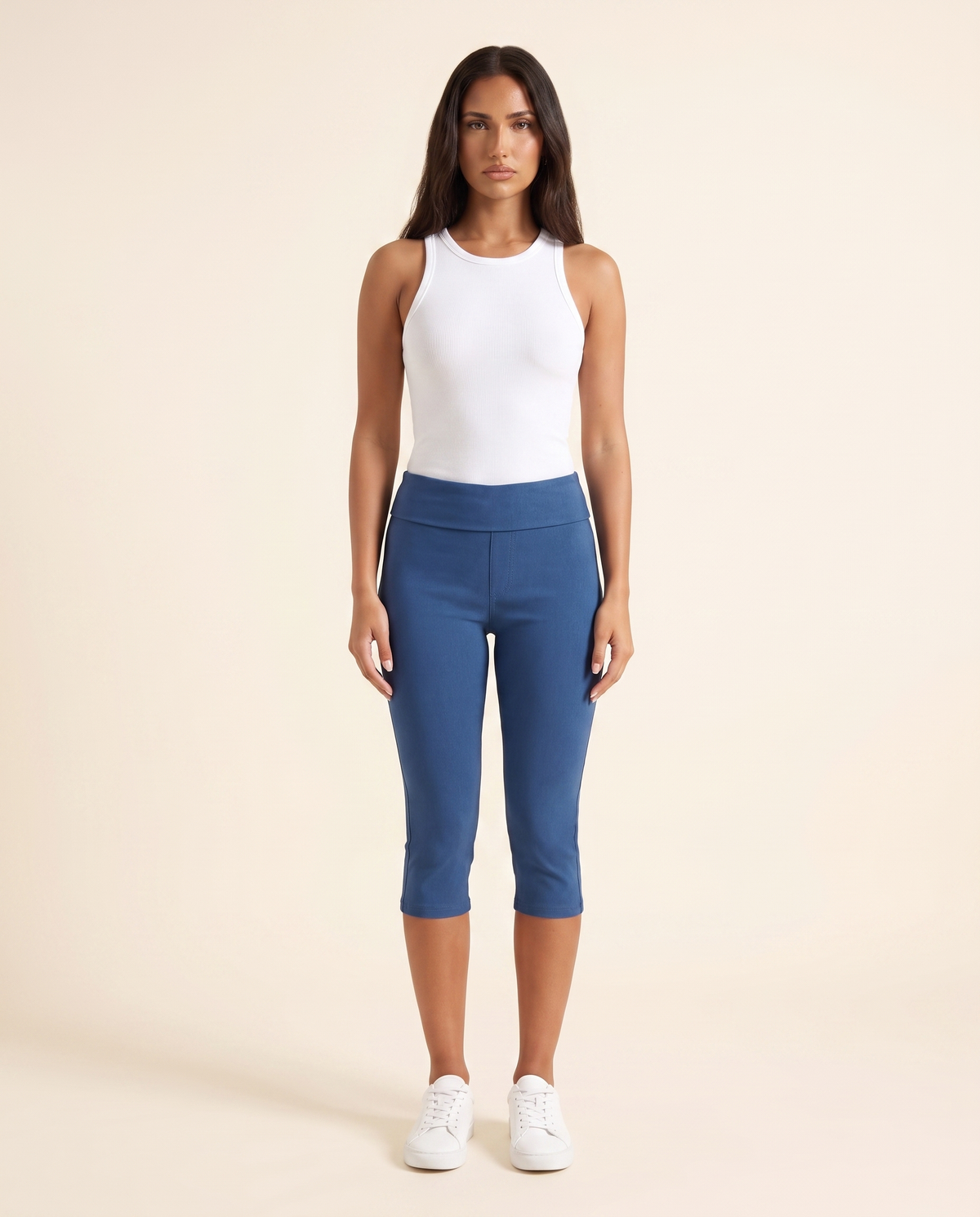 Kovelle blue capri trousers, front studio view on model