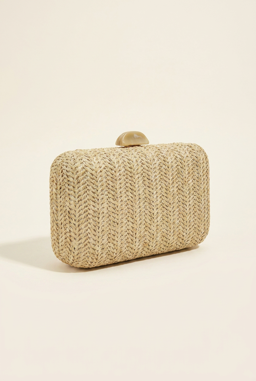 Natural woven straw box clutch, angled