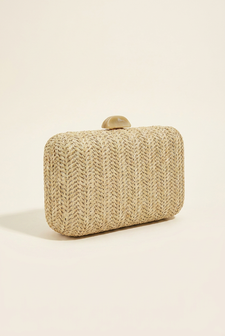 Natural woven straw box clutch, angled