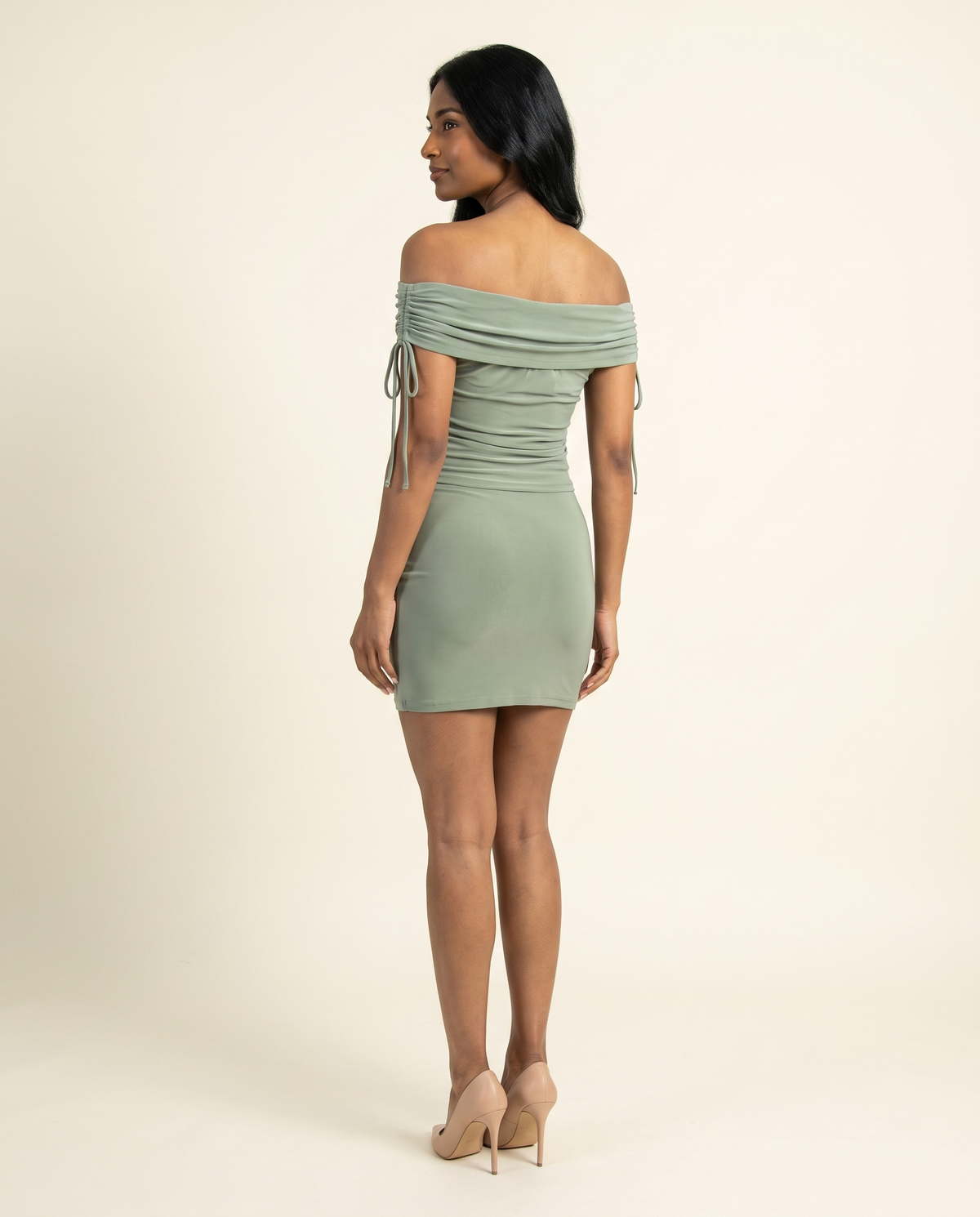 Kovelle sage ruched two piece back view, on model