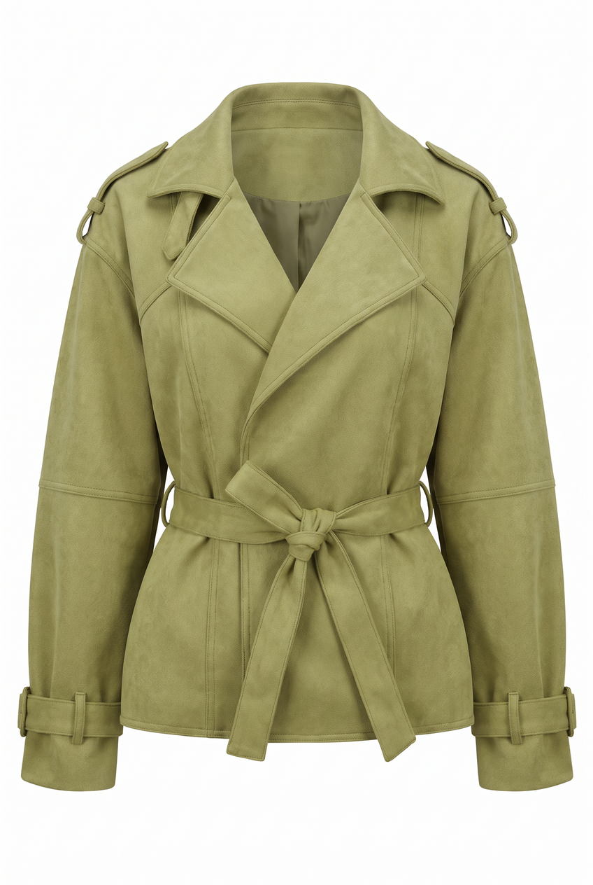 Kovelle cropped belted trench coat in olive, flat product view