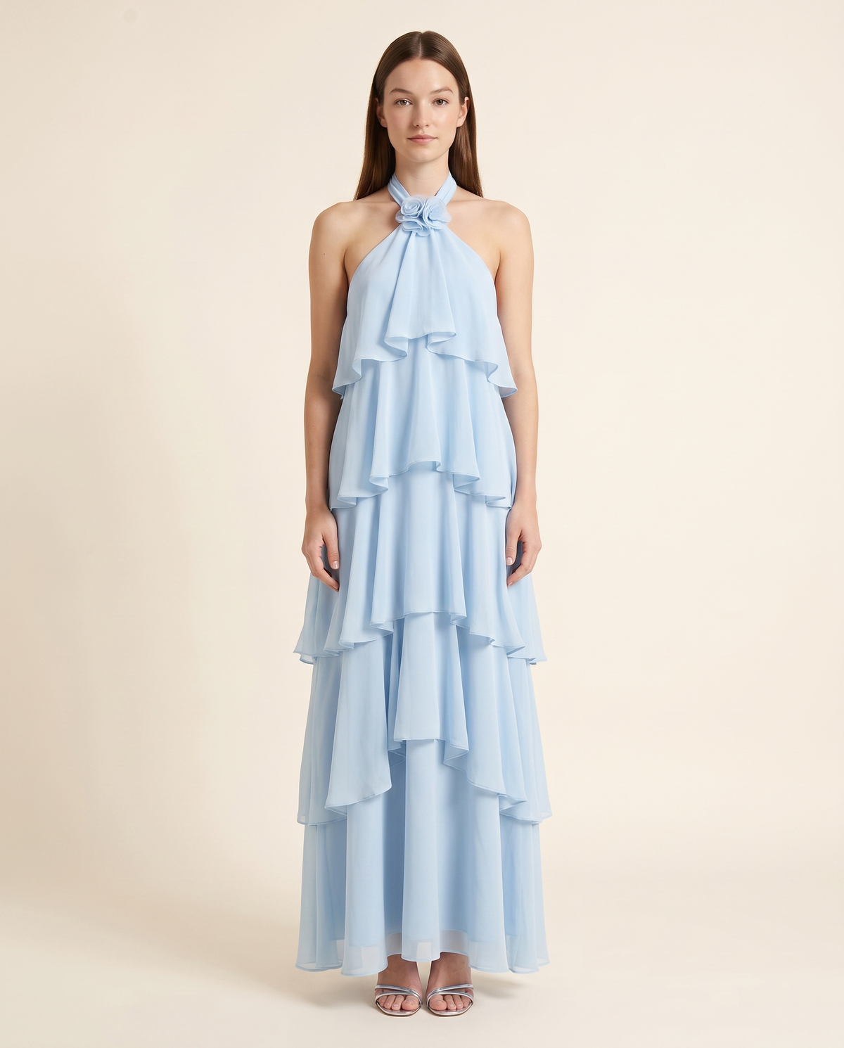 Kovelle pale blue ruffle chiffon maxi, front studio view on model