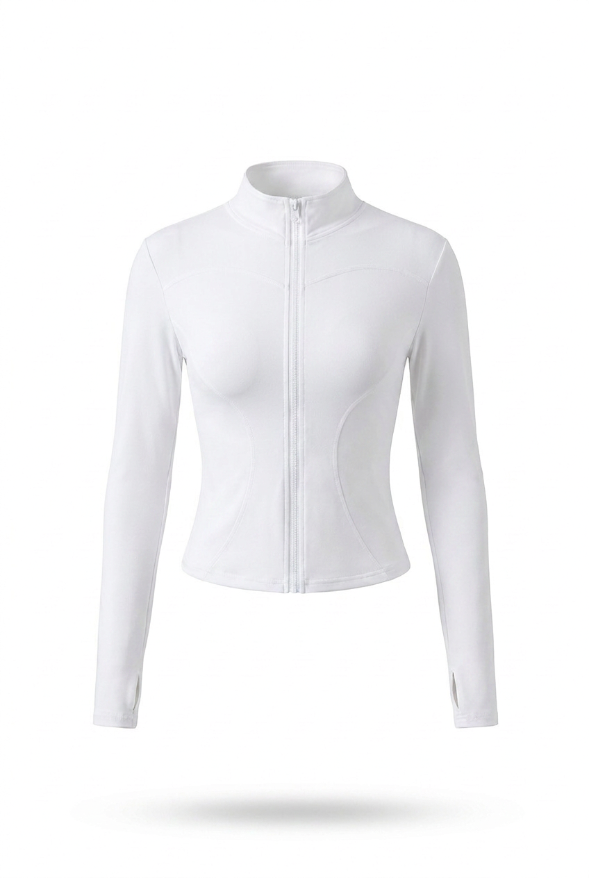 Kovelle zip through gym jacket in white, flat product view