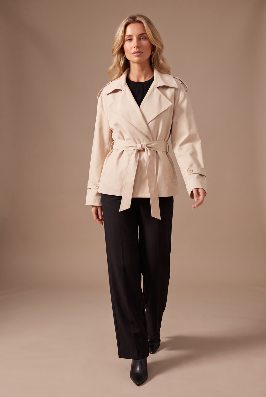 Kovelle cropped belted trench coat in stone, walking, full length on model