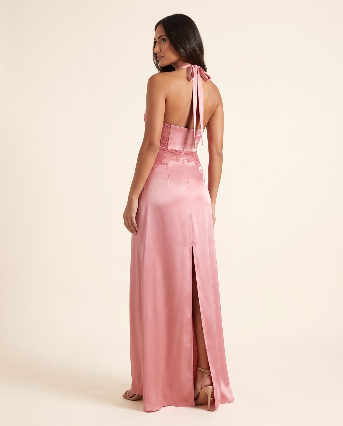 Blush Satin Lace Square Neck Maxi Dress