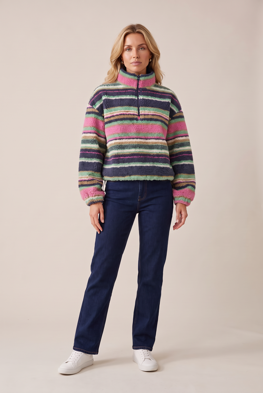 Kovelle striped sherpa half zip in multi stripe, front view on model
