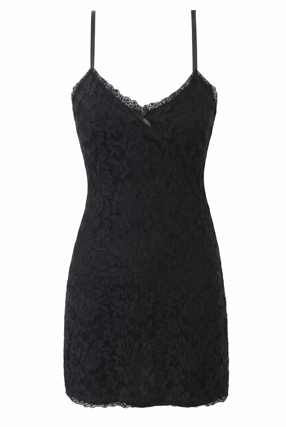 Black scalloped lace mini dress, product view