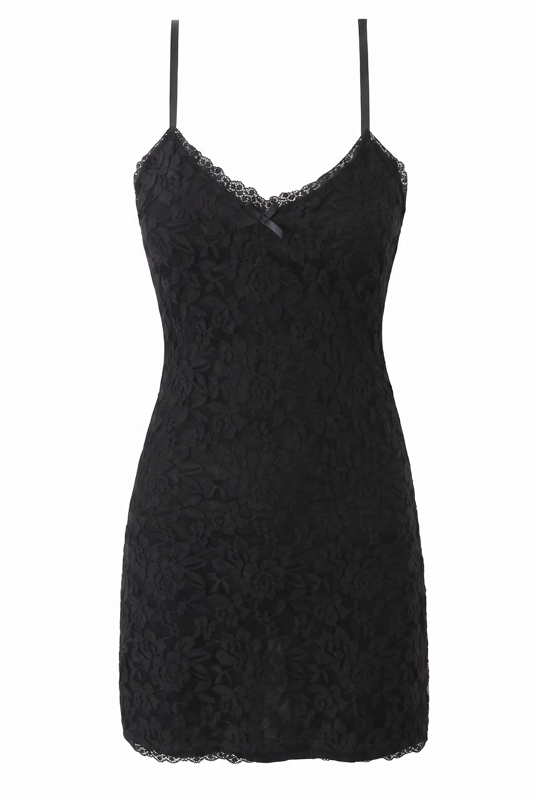 Black scalloped lace mini dress, product view