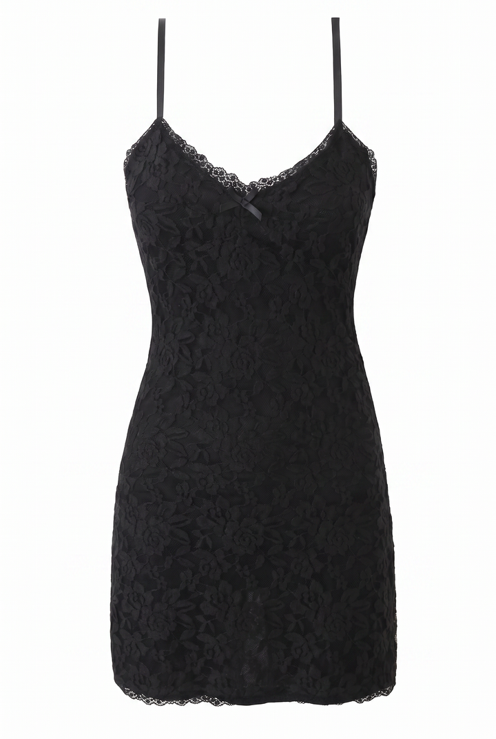 Black scalloped lace mini dress, product view