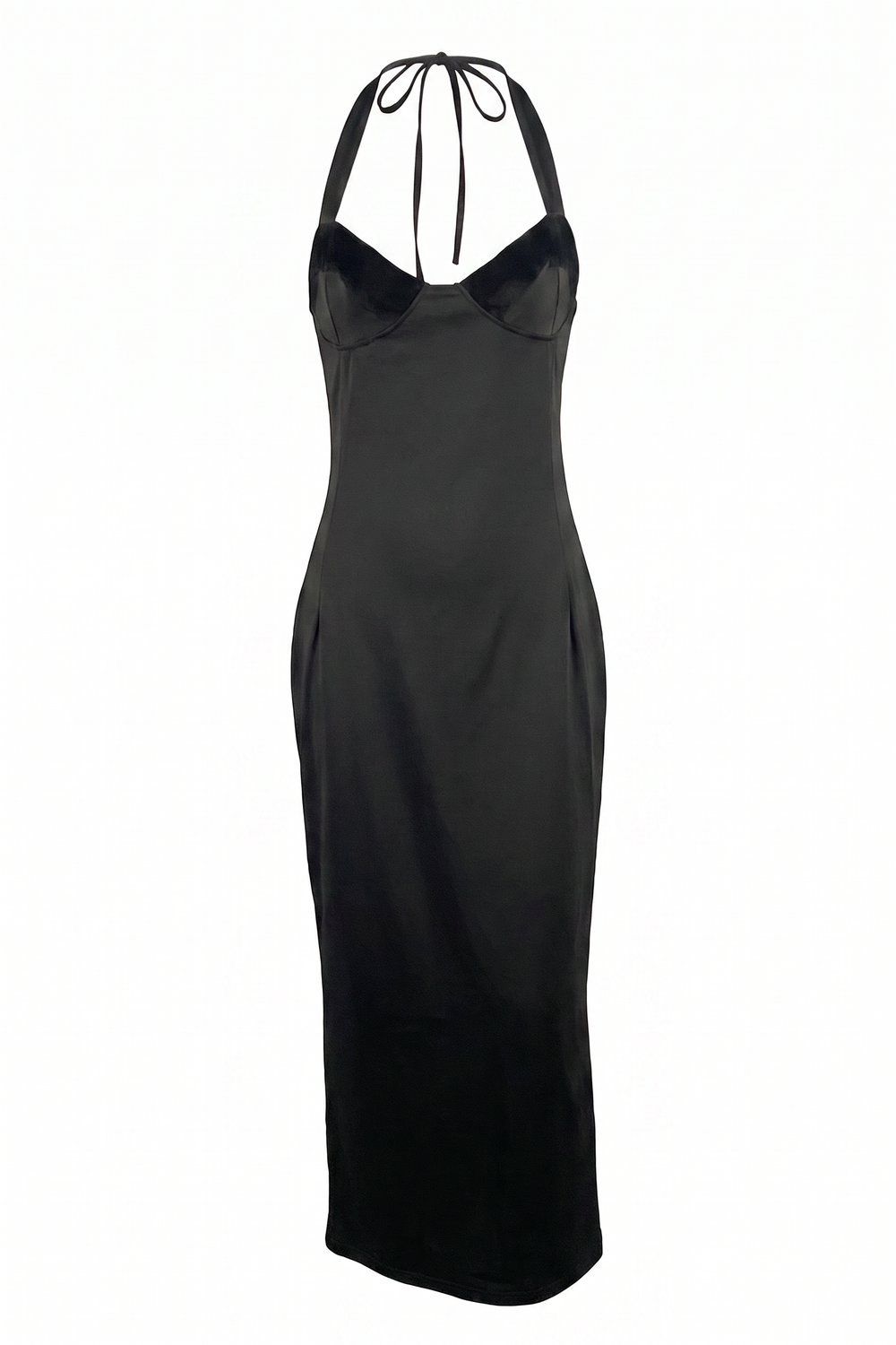 Black halter sweetheart midaxi dress on a plain white background