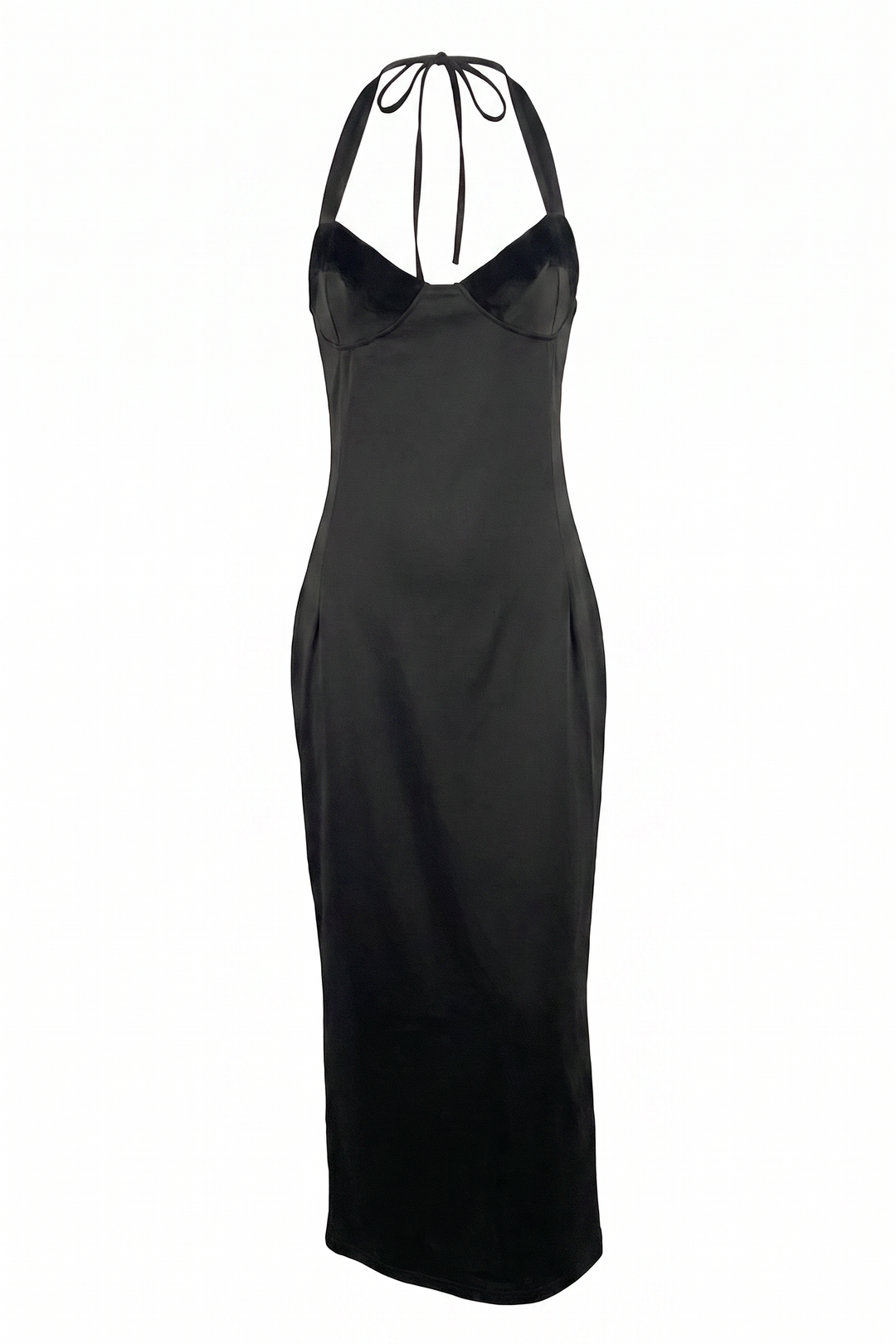 Black halter sweetheart midaxi dress on a plain white background