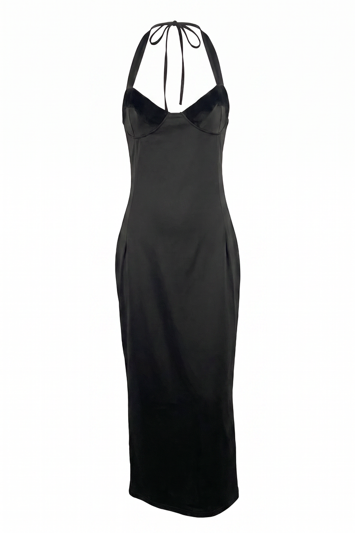 Black halter sweetheart midaxi dress on a plain white background