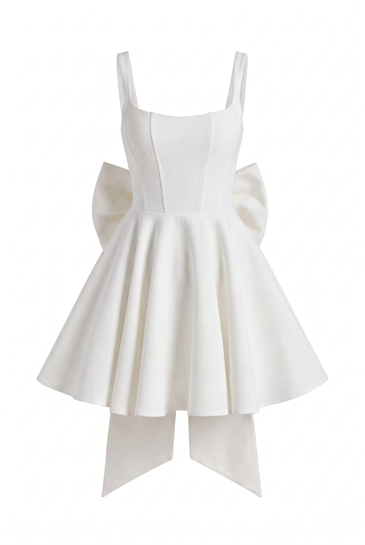 White satin bow-back mini dress, product view