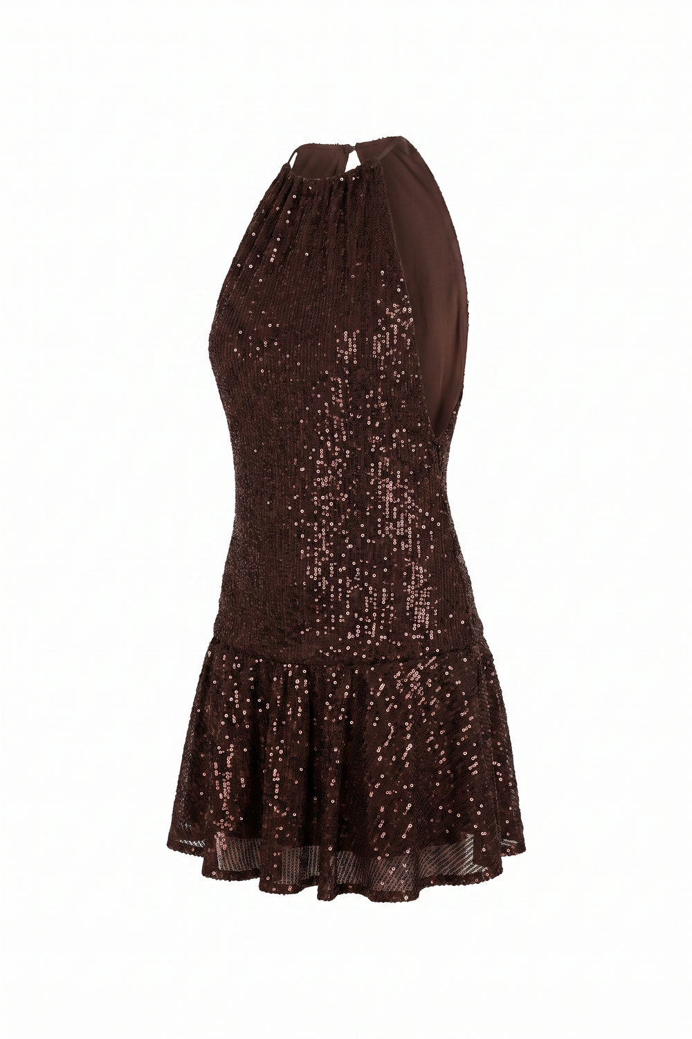 Chocolate sequin drop waist mini dress on a plain white background