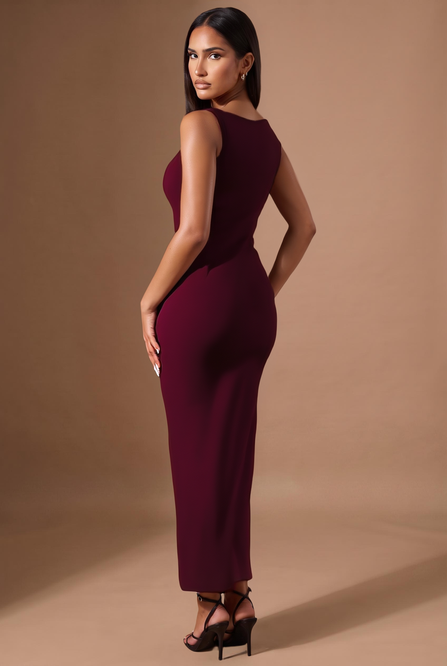 Burgundy square neck bodycon maxi dress, back view