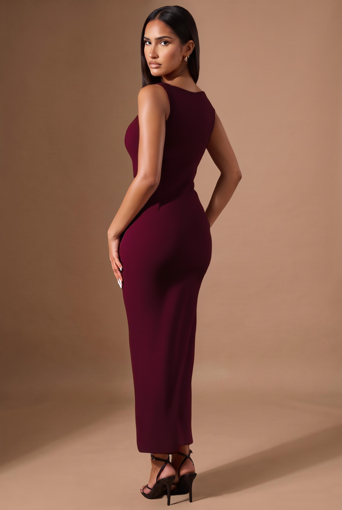 Burgundy square neck bodycon maxi dress, back view