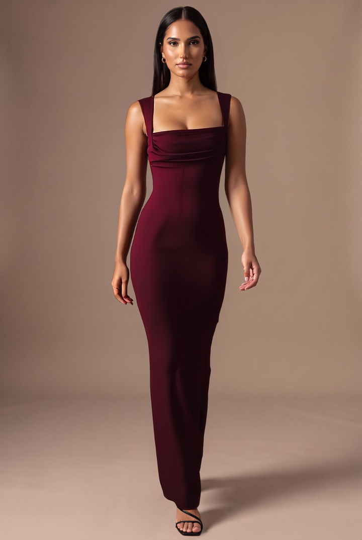 Burgundy square neck bodycon maxi dress, full length