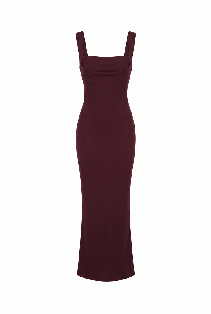 Burgundy square neck bodycon maxi dress, product view