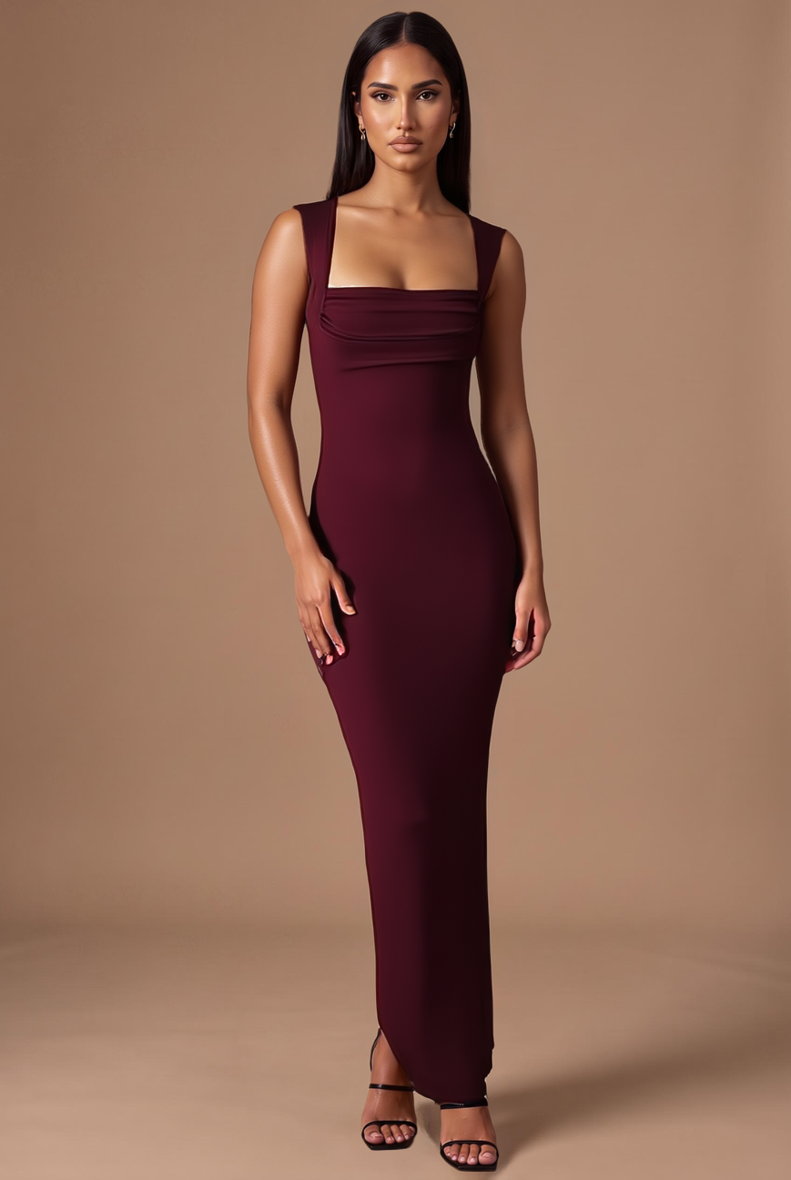 Burgundy square neck bodycon maxi dress, front view