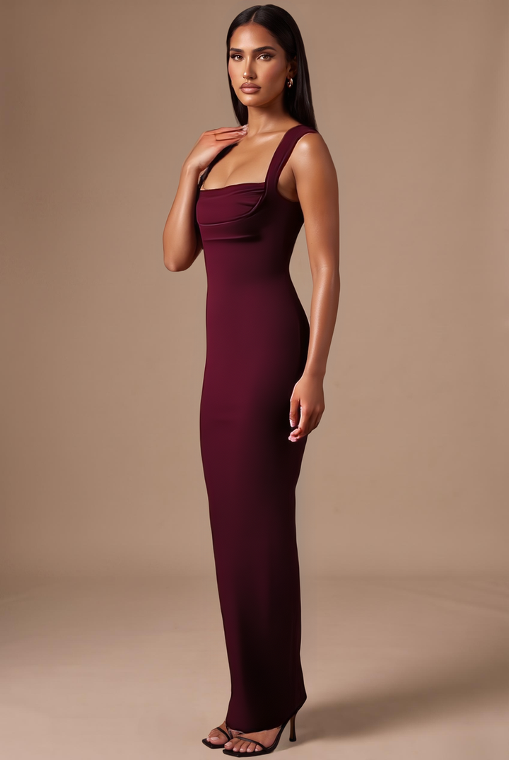 Burgundy square neck bodycon maxi dress, side view