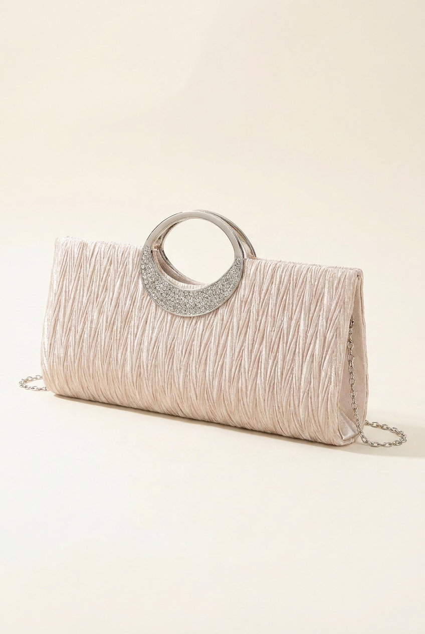 Champagne pleated satin box clutch, angled