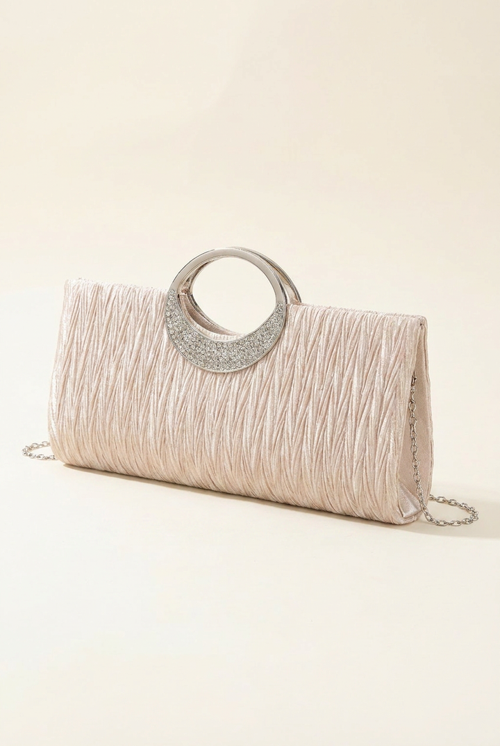 Champagne pleated satin box clutch, angled