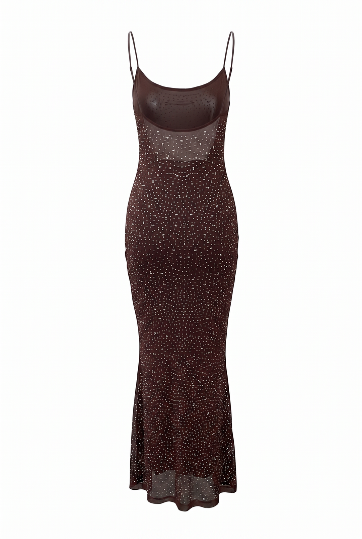 Chocolate beaded mesh slip maxi dress, product view