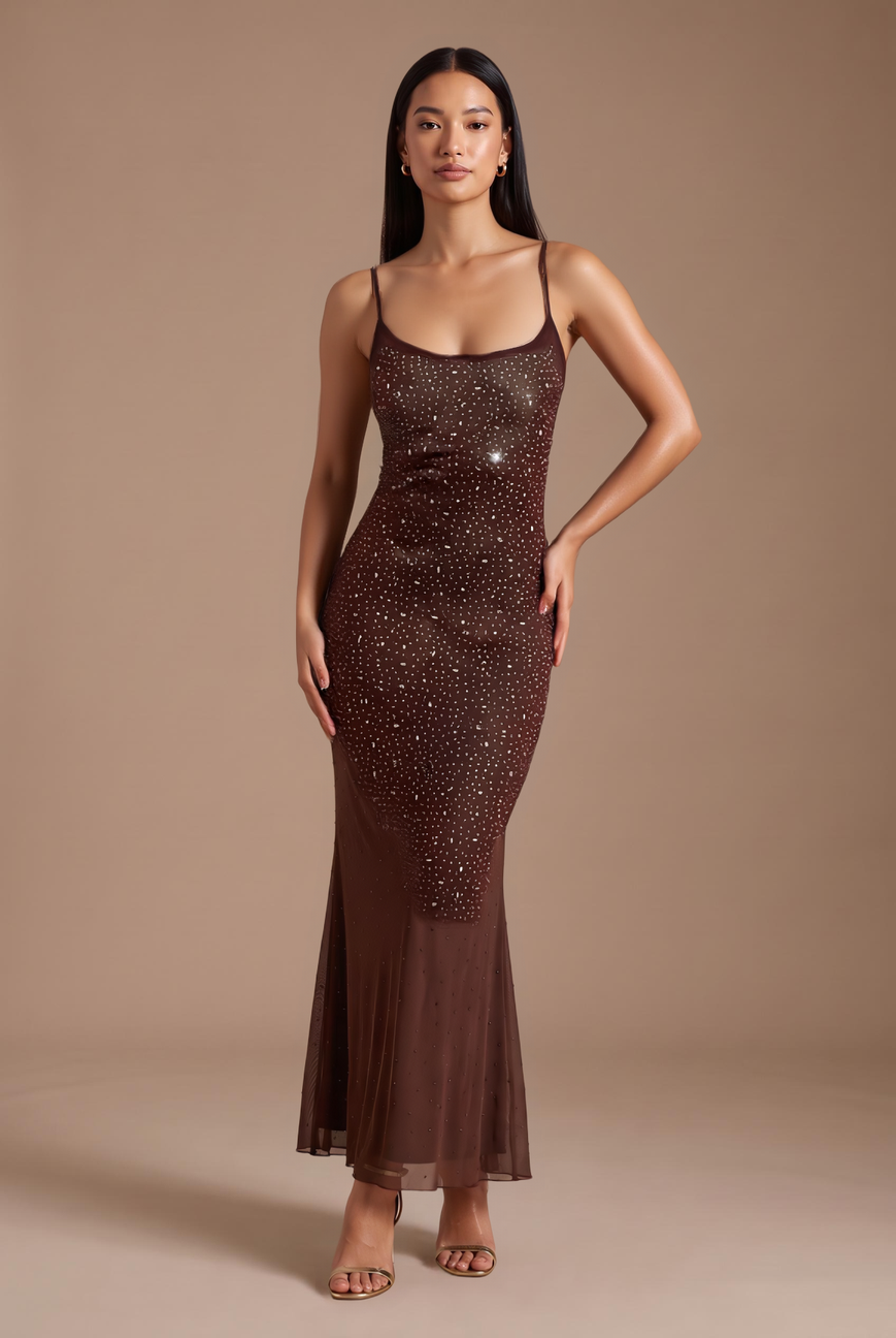 Chocolate beaded mesh slip maxi dress, front view