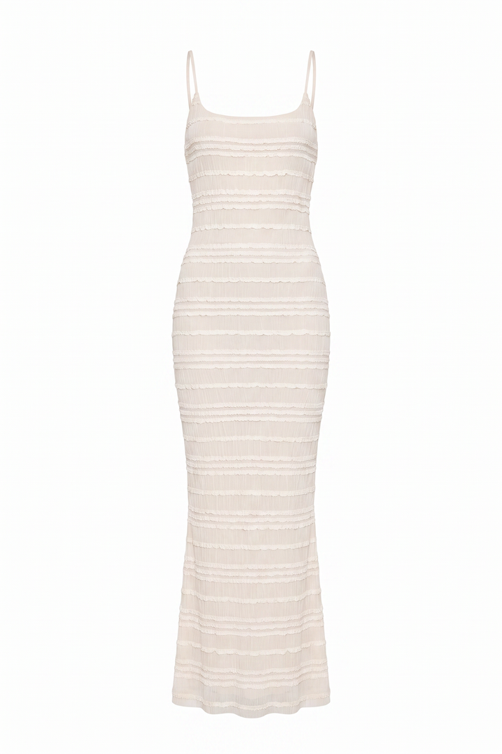 Coconut ribbed knit maxi dress on a plain white background