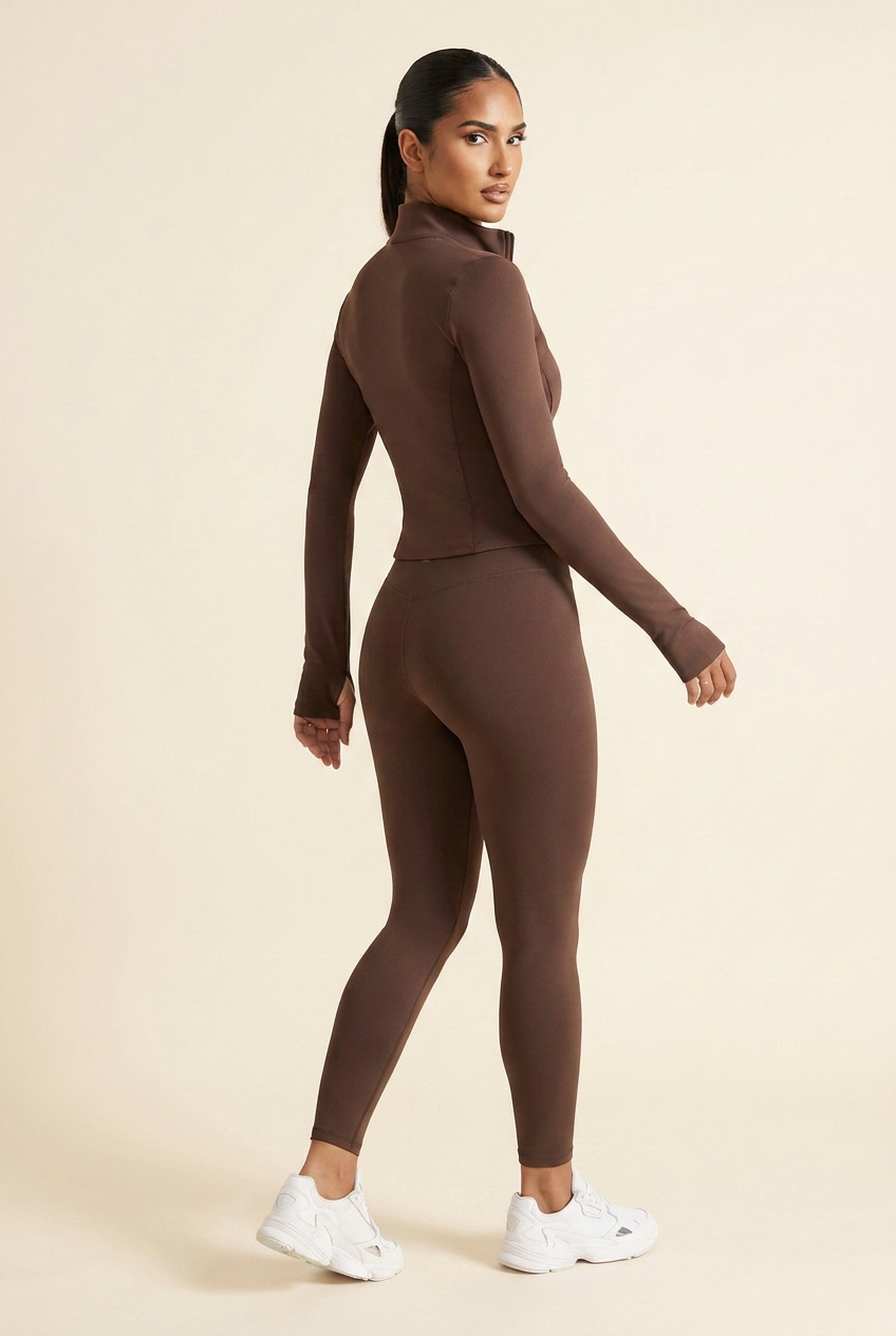 Kovelle zip through gym jacket in coffee, on model