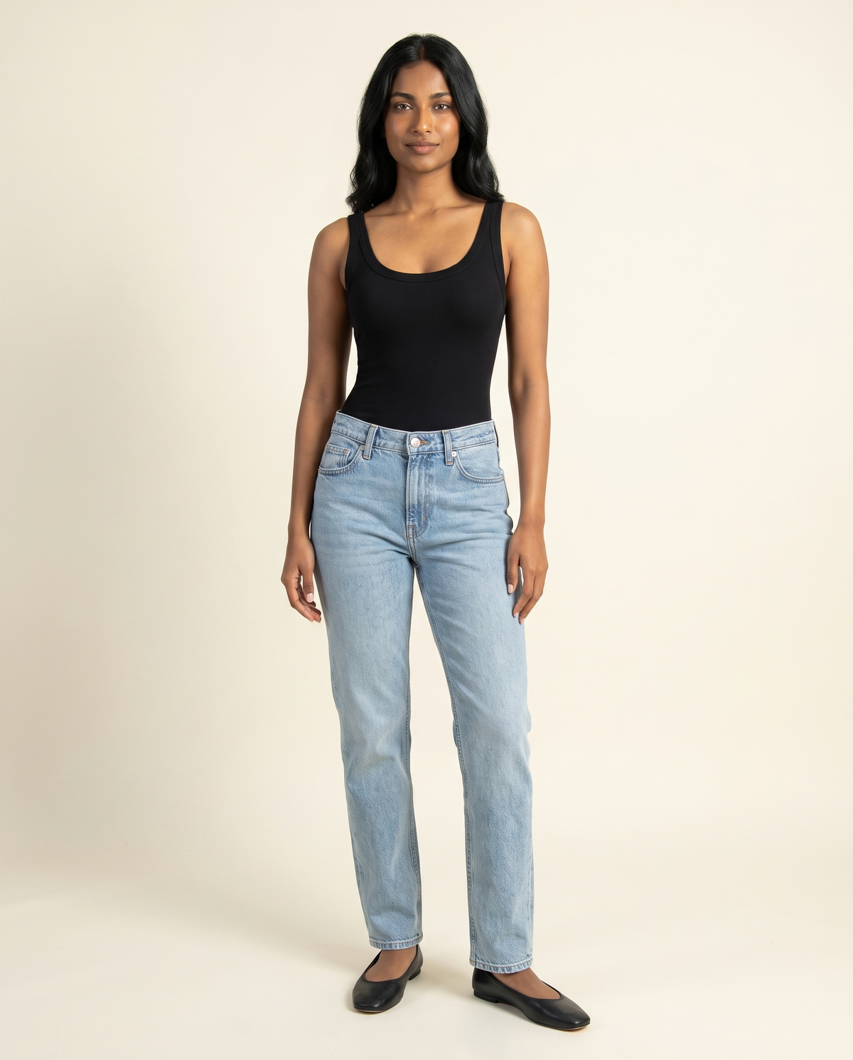 Kovelle black ribbed bodysuit, front studio view on model