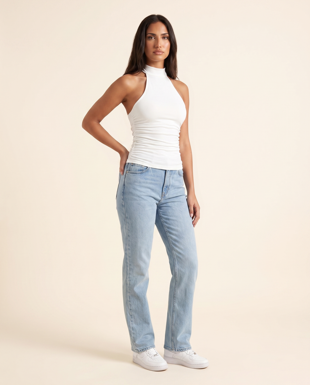 Kovelle white ruched halter top three quarter view, on model
