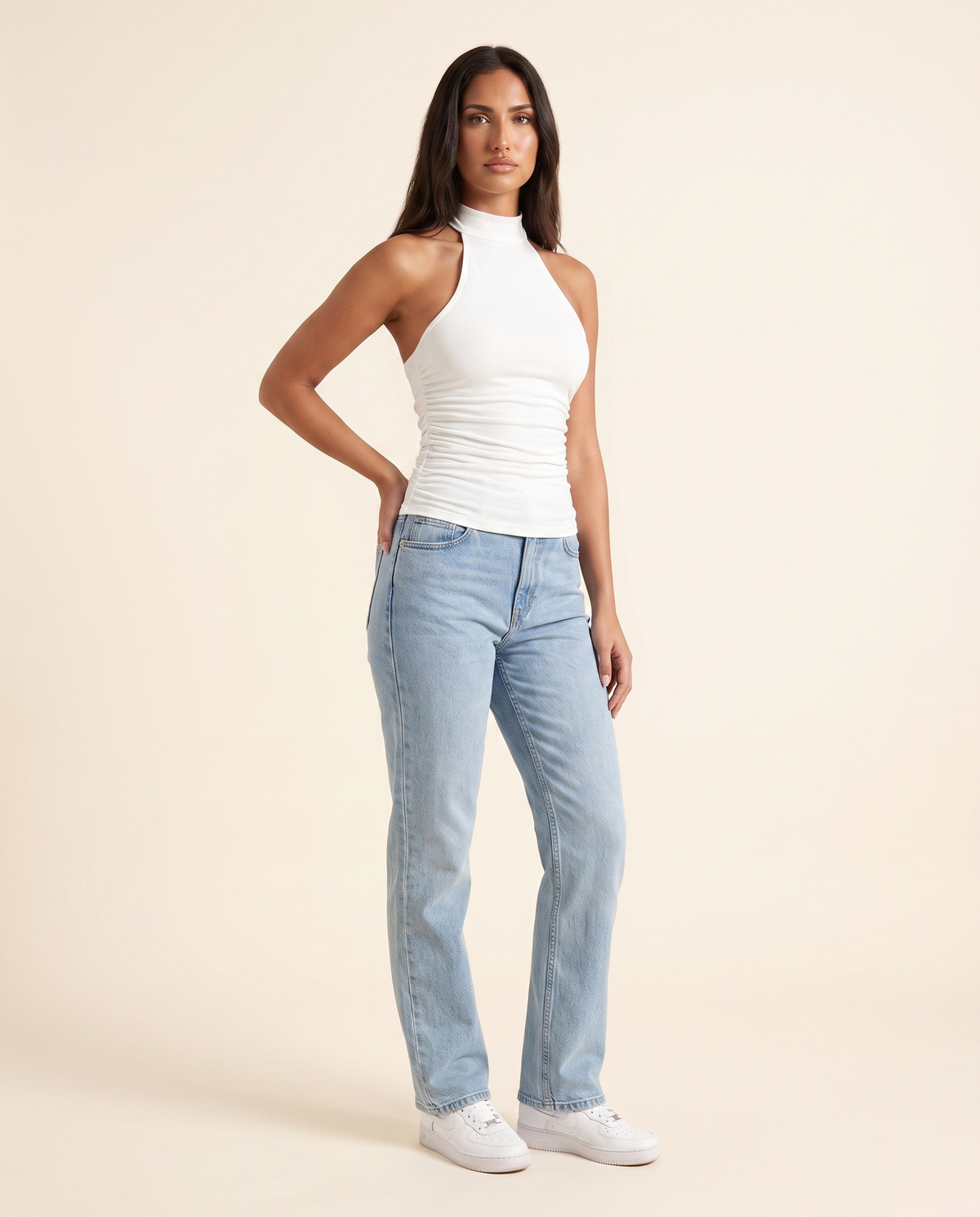 Kovelle white ruched halter top three quarter view, on model